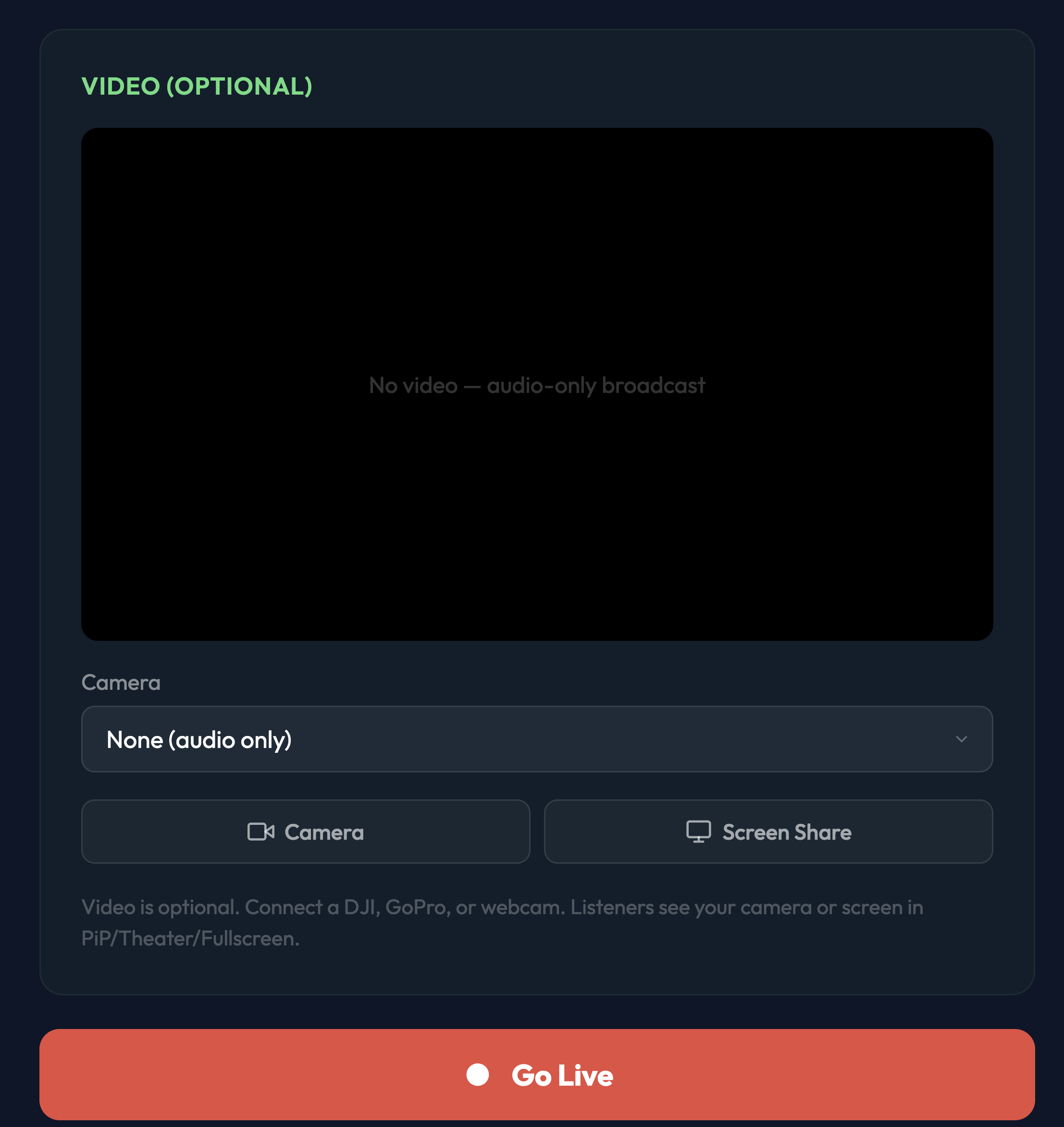 Live broadcast video setup with camera and screen share options