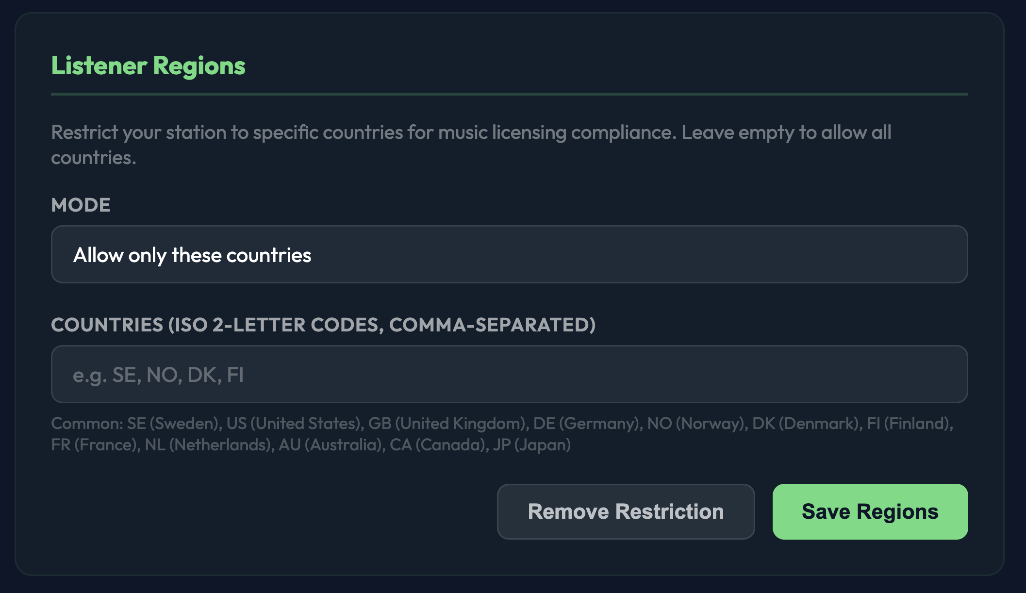 Listener regions settings with country allow-list